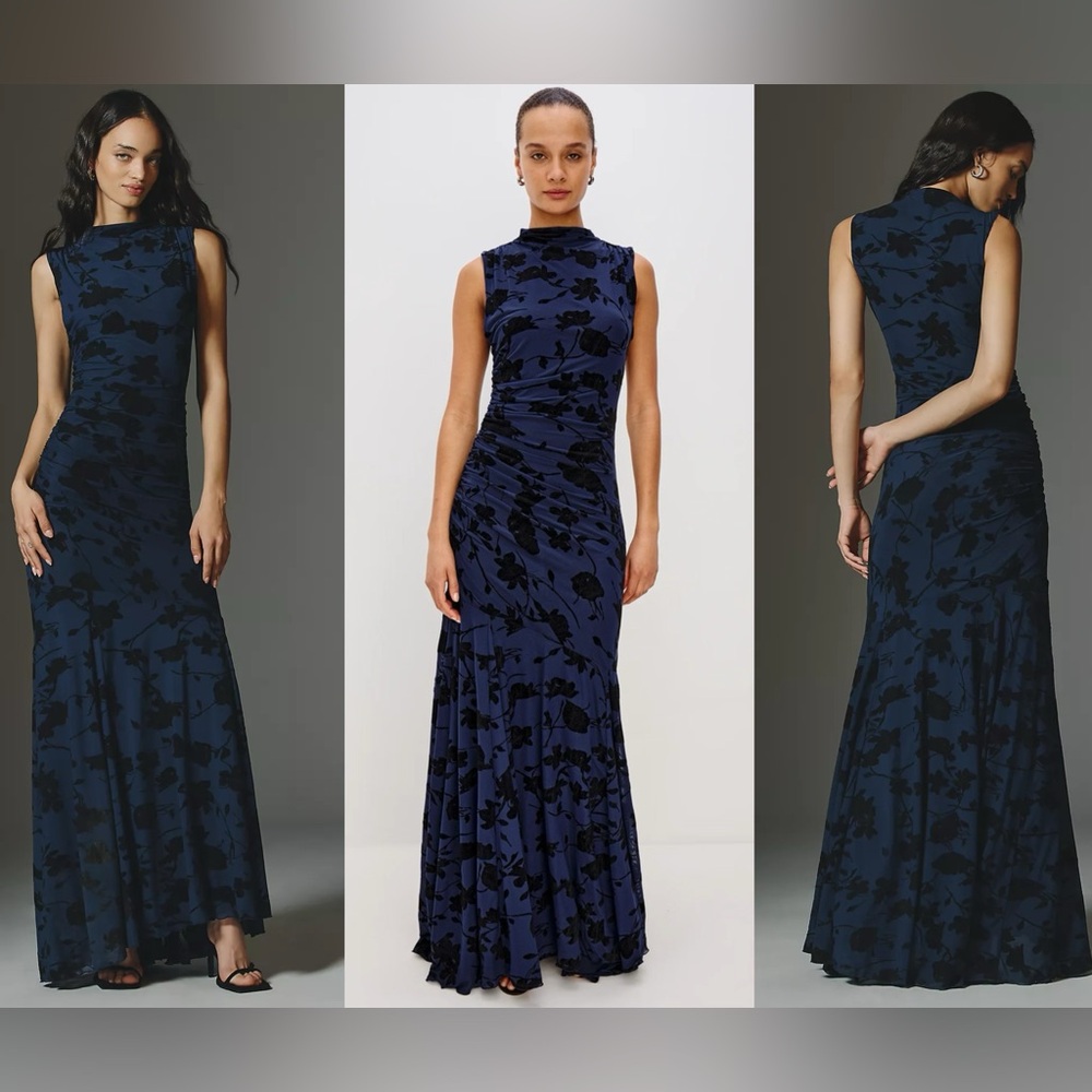 Rails Cosmos Floral Ruched Mesh Maxi Dress Navy Floral Wedding Guest Dress, S